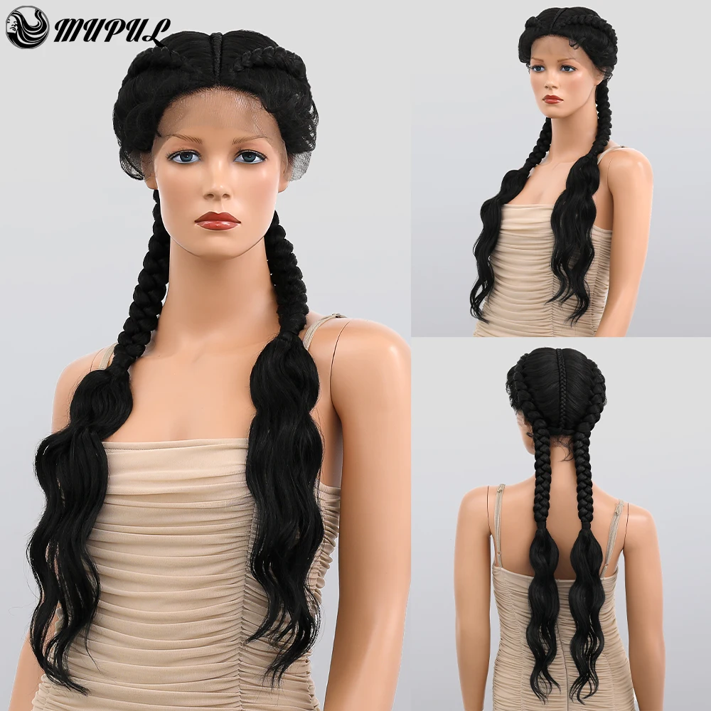 Black braided Lace Front Wig Synthetic Wigs For Women 26 Inch Long Dutch Twins Braids with Baby Hair 360 Lace Frontal perruque
