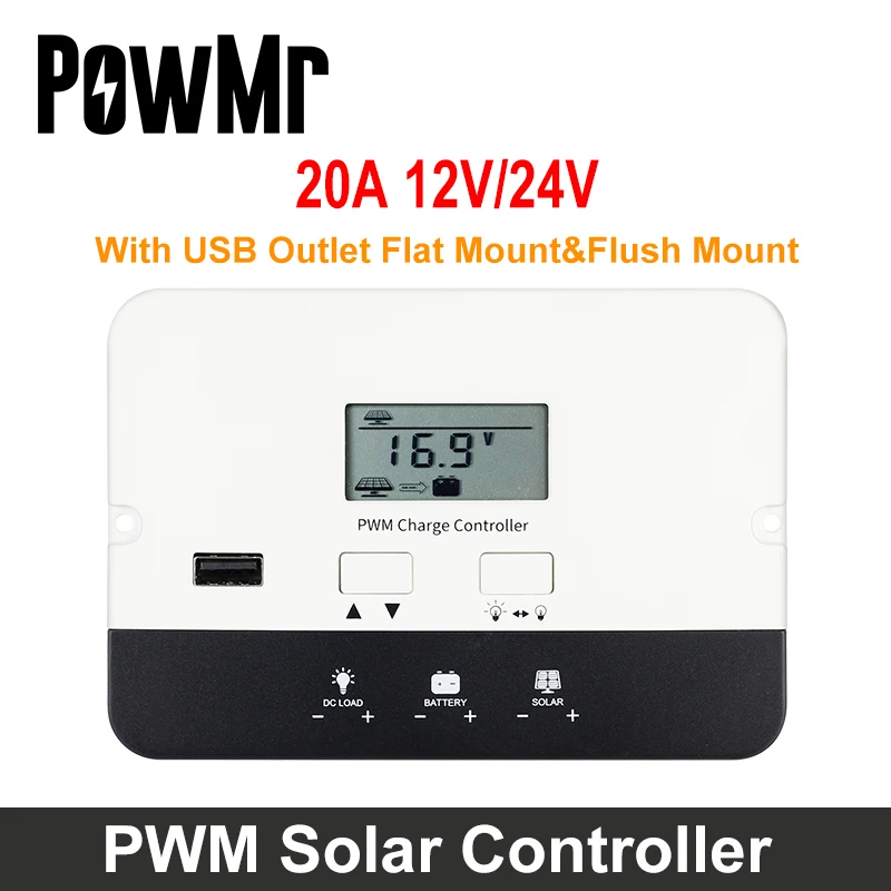 PowMr 20A PWM Solar Charge Controller Auto 12/24V Flush Mount Panel Battery Intelligent Regulator LCD Display And USB Port | Обустройство