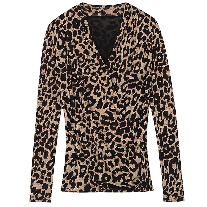 

Fashion Leopard Women Sweater 2021 Spring Clothes V-neck Women's mesh bottoming shirt Long Sleeve Slim Basic Female Sweater Tops