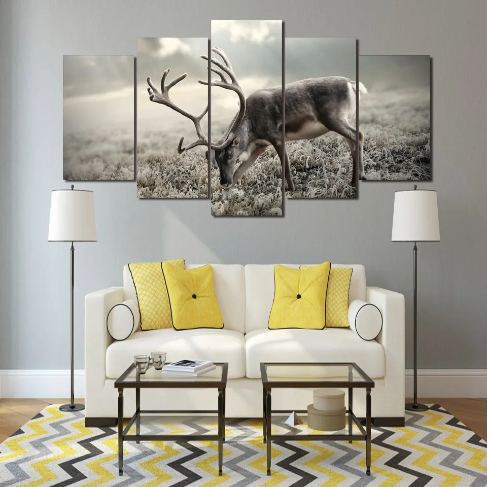 

Frame Wall Art Home Decor HD Printed Room Modular Pictures 5 Pieces Winter Forest Animal Deer Landscape Canvas Painting PENGDA