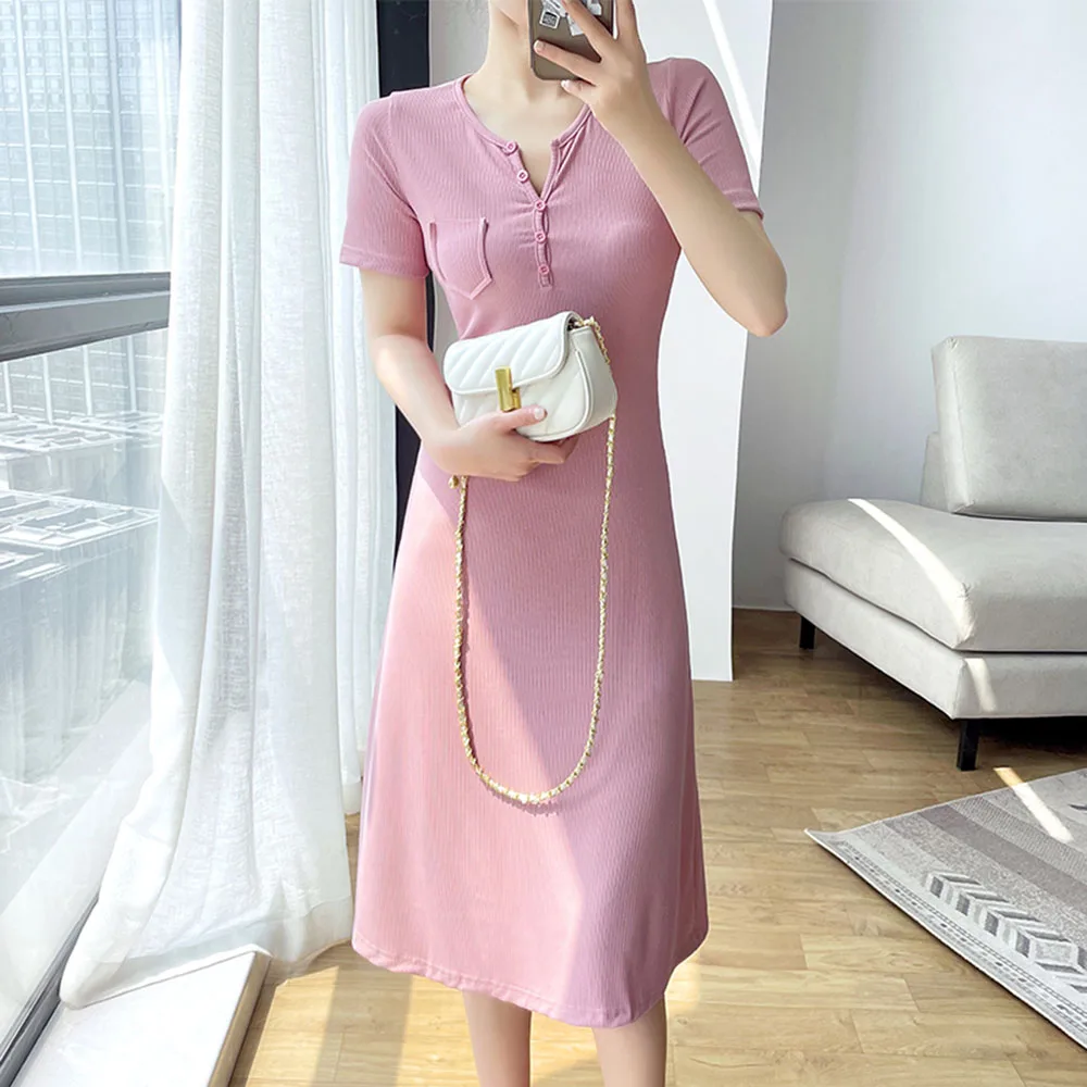 

2021 Summer Korean Fashion Women's Dress Elegant Temperament Thin Elasticity Pocket V-neck Solid Color Summer