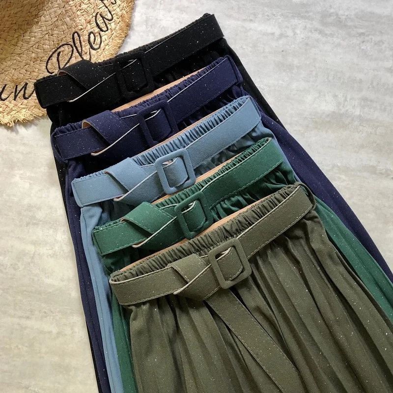 Юбка женская плиссированная с поясом блестящая трапециевидная юбка миди в