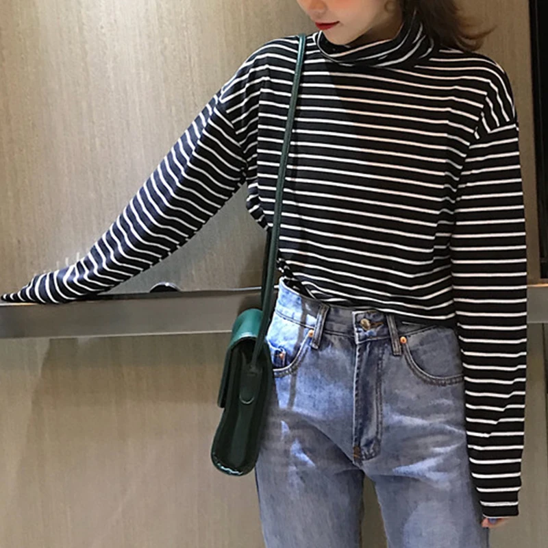 

Loose high neck striped T-shirt women Simple basic bottoming top woman Korean Fashion Black Oversized Long Sleeve T Shirts Woman