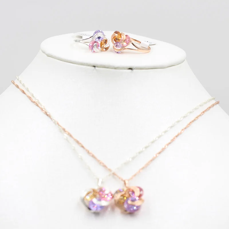 Комплект из колье и серёг под розовое золото 585 пробы 3 цвета|Ювелирные наборы| |