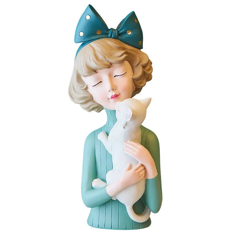 

Stylish Bowknot Girl with Cat Sculpture Resin Figurines Creative Bust Woman Statues TV Wine Cabinet Decoration Figures Turquoise