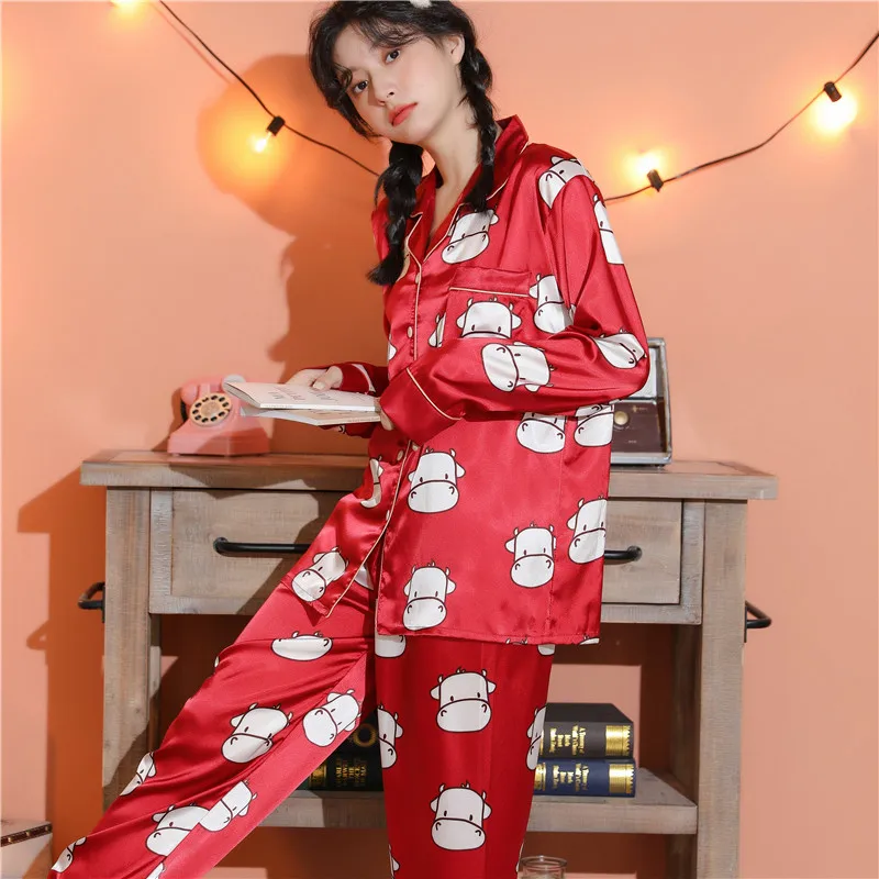 CAIYIER 2021 Silk Satin Pajamas Set Women Sexy Sleepwear Cute Print Girls Lingerie Nightwear Big Size Loungewear M-5XL Pyjamas