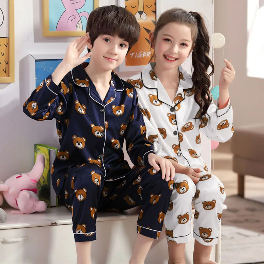 2021 Autumn Winter Fashion Kids Baby Boy Girls Long Sleeve Cartoon Bear Tops+Pants Outfits Pajamas Sleepwear Set Drop Shipping | Детская