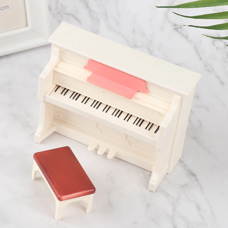 

1Set 1:12 Dollhouse Miniature Simulation Creamy White Piano With Stool ABS Model Doll Home Decor Toy
