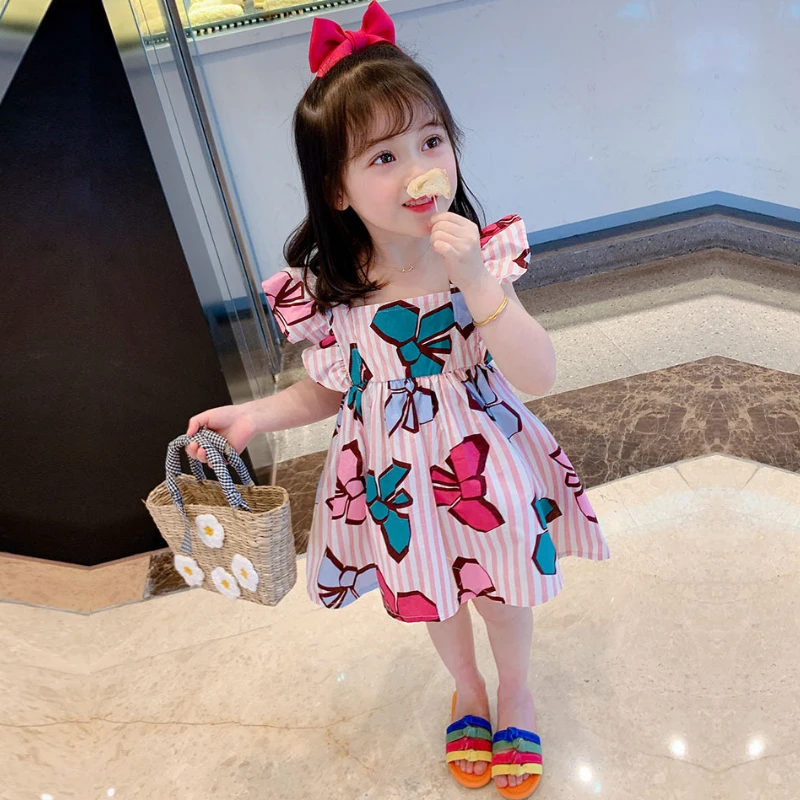 

Girls summer season dress bow sweet print 2-7 years old Beibei fashion casual princess dresses high quality Children's clothing