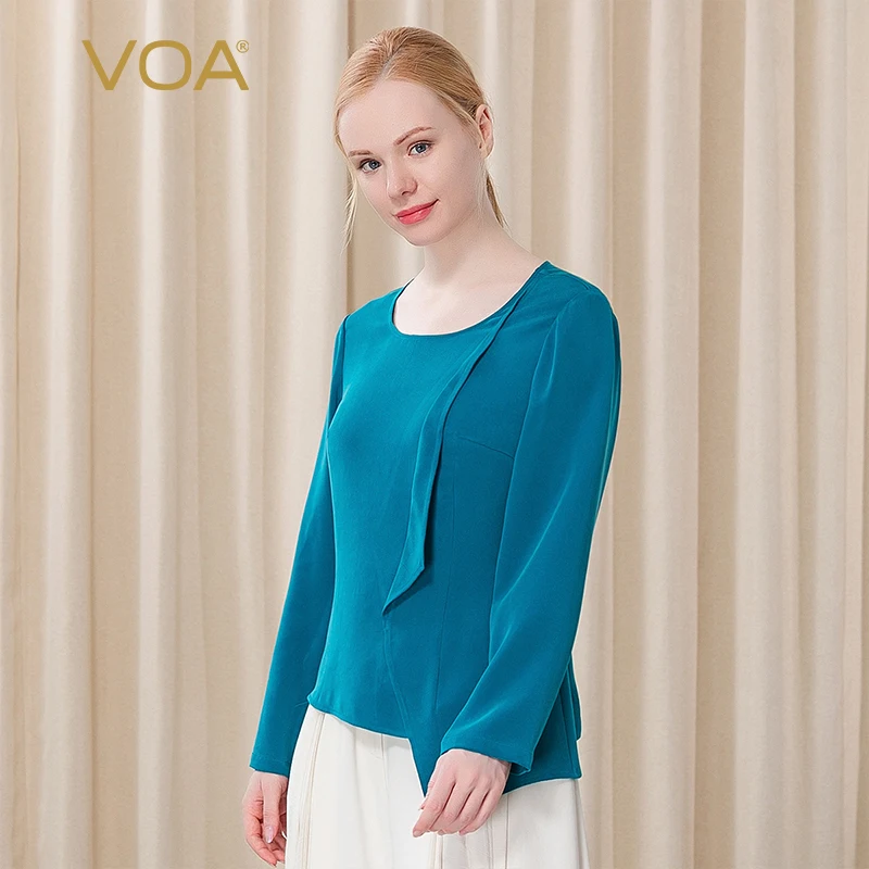 

VOA Indigo Blue Round Neck Long Sleeves Irregular Three-dimensional Ruffled Placket Oblique Swing 30m/m Silk Woman Tshirts BE271