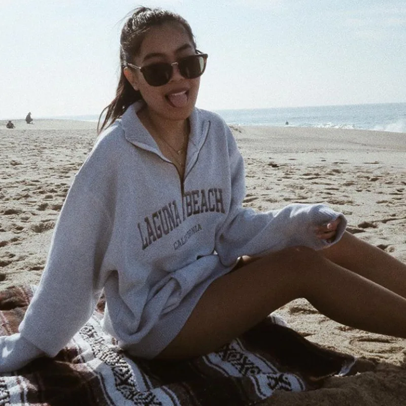 

BM wind gray stand collar female pullover half zipper ins super fire letter loose Sweatshirt