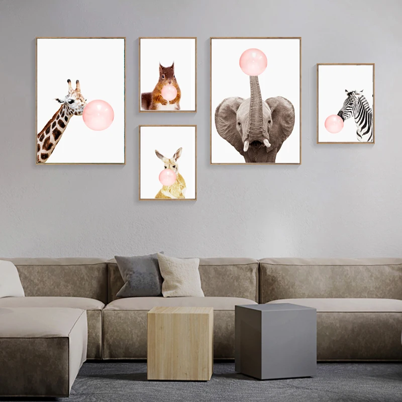 Pink Bubble Gum Giraffe Zebra Animals Canvas Painting Nursery Wall Art Print Nordic Poster Pictures For Kids Room Decorr | Дом и сад