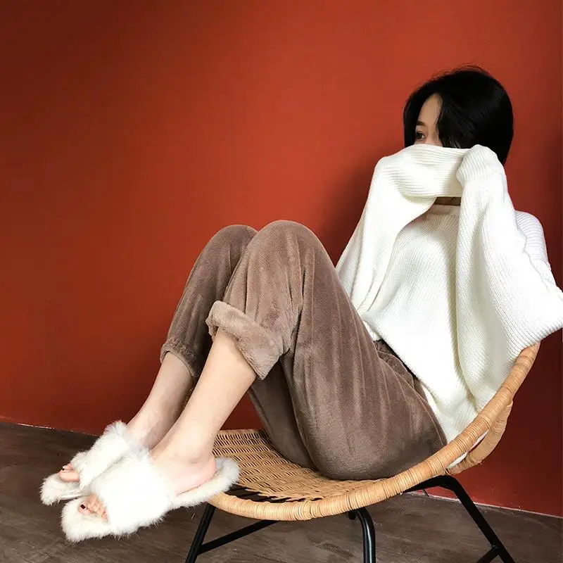 Vangull Winter Flannel Casual Pants Letter Embroidery Harem Pants New Warm Joggers Comfortable Elastic Waist Ankle-Length Pants