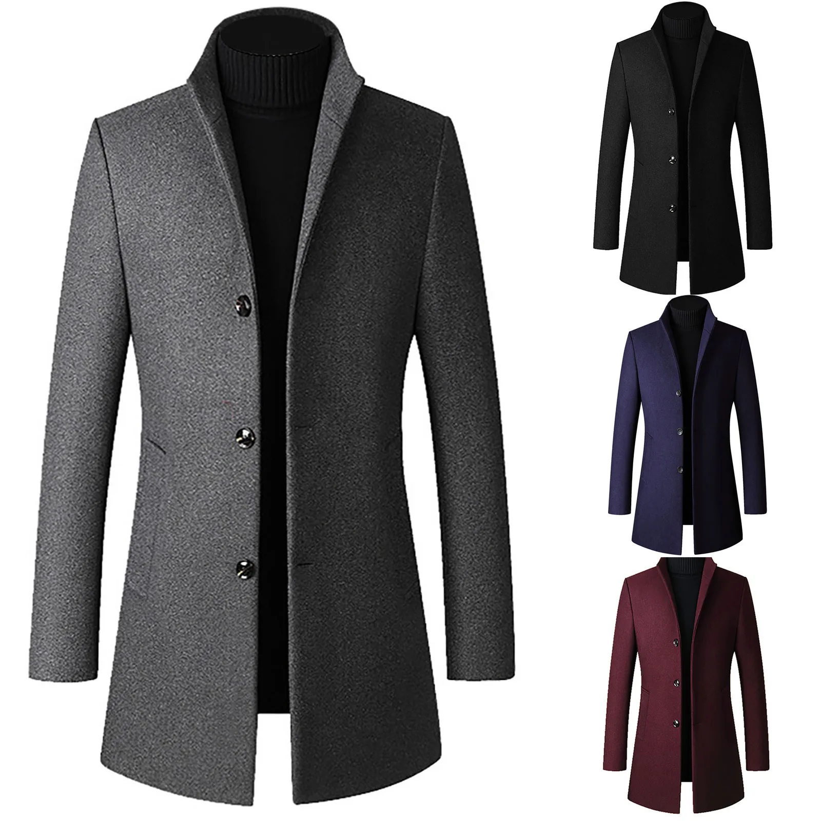 

Повседневная мужская куртка средней длины, приталенная, деловая, с воротником-стойкой, в британском стиле, для осени и зимы, шерстяное пальт...