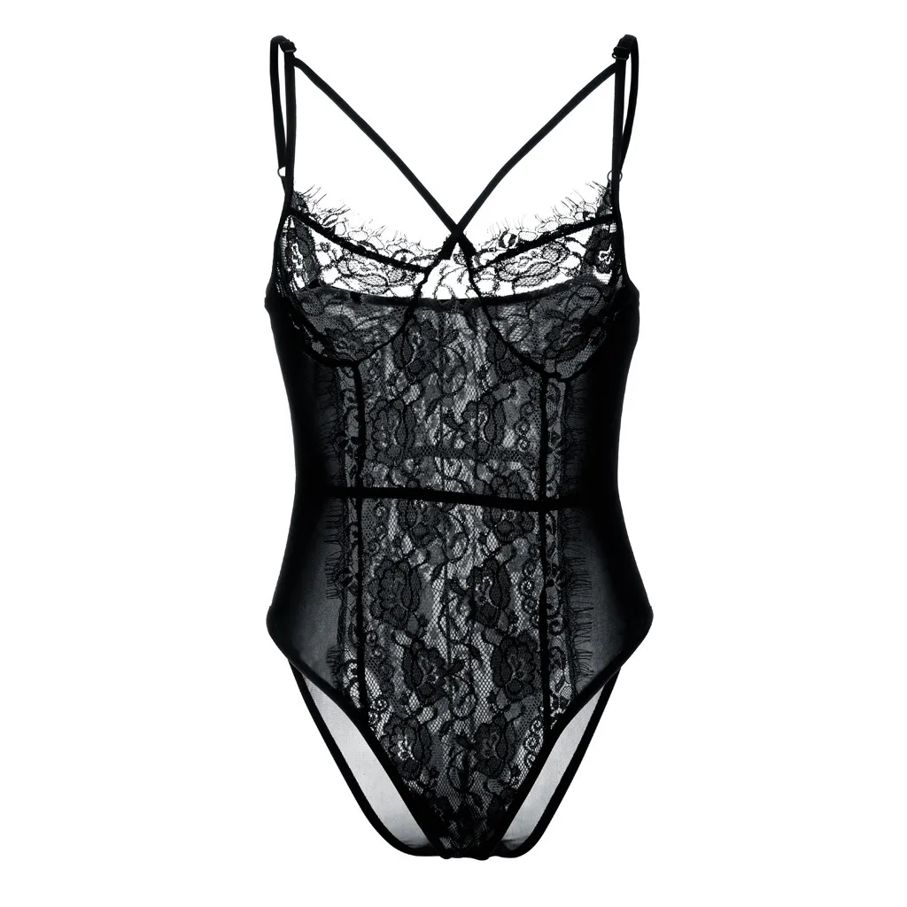 Женское кружевное боди черное на бретельках-спагетти Клубная одежда с цветочным