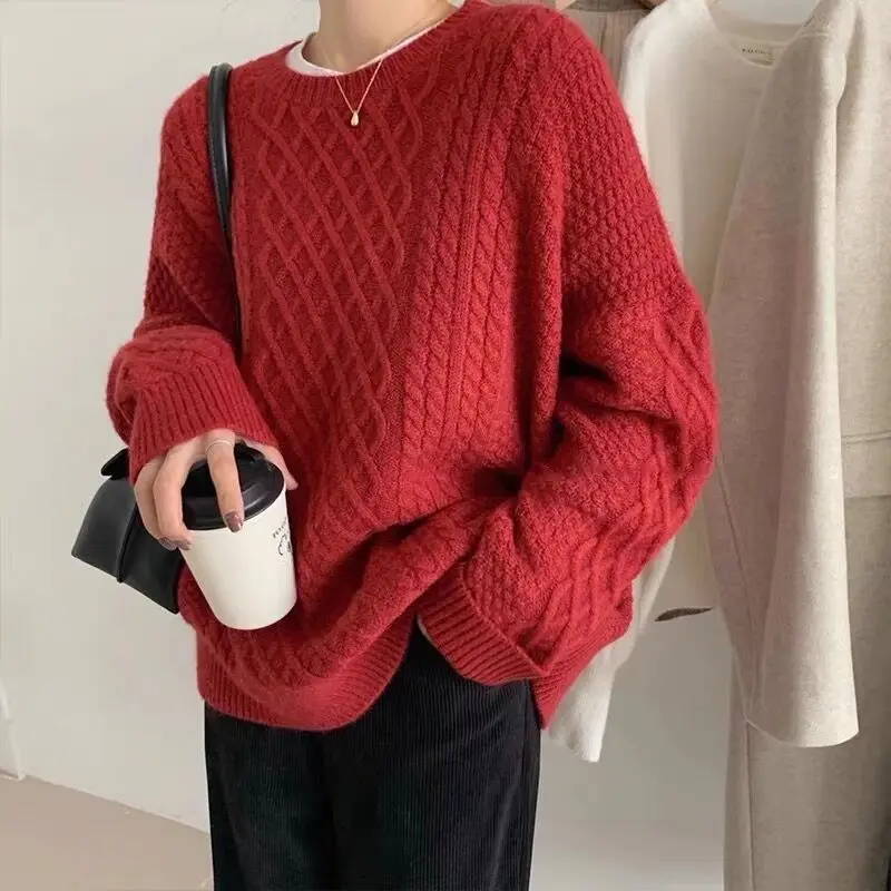 Женский трикотажный свитер с круглым вырезом длинным рукавом | Женская одежда