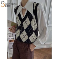 woman sweater female knit vest lady waistcoat 2021 spring new vintage cozy casual v neck stripe diamond check pattern retro