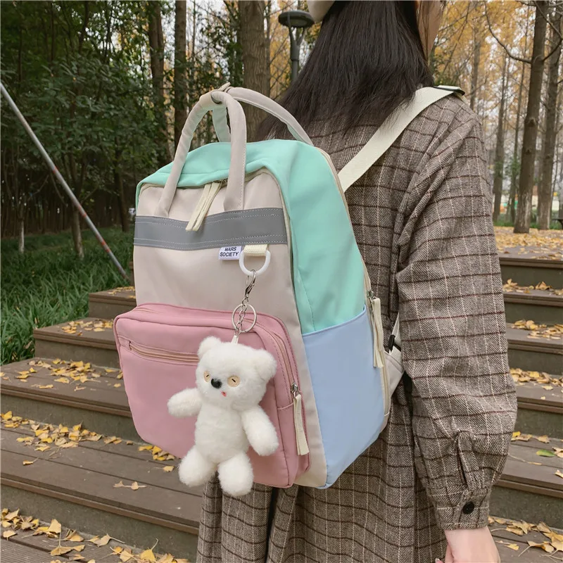

Candy Color Wome Canvas Backpack Waterproof Laptop Satchel Pink Patchwork School Backpacks Bags for Teenage Girls 2021