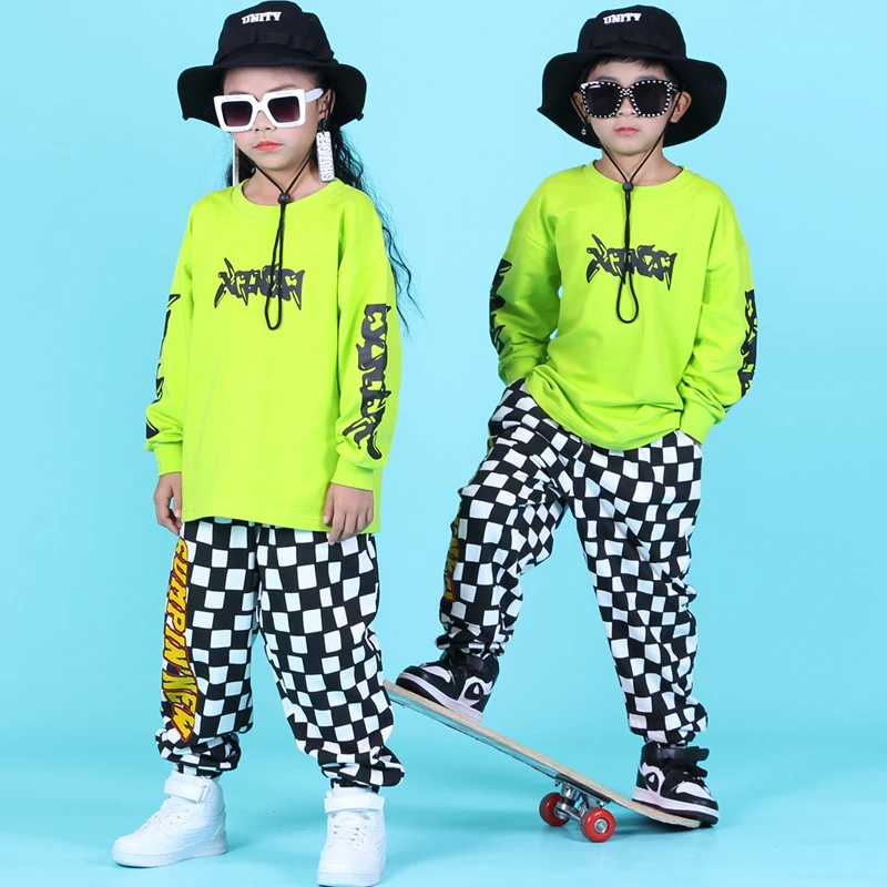 Детская одежда в стиле хип хоп флуоресцентный зеленый свитер штаны для шахматной