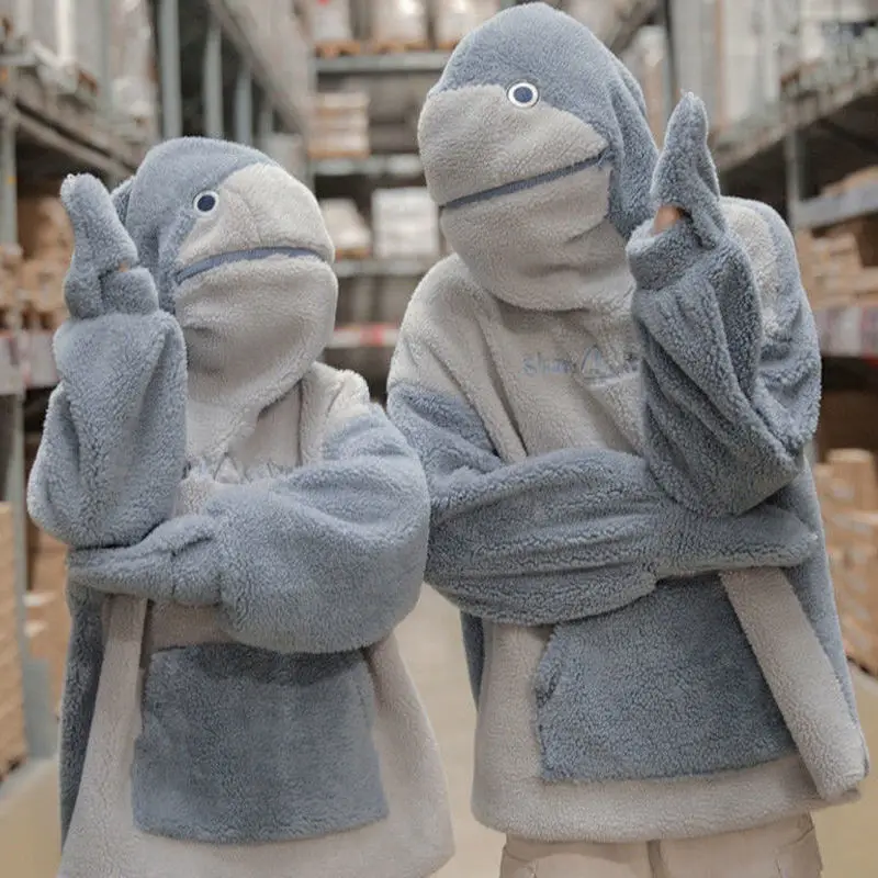 

Women Cute Shark Hoodie Autumn Winter Lamb Wool Warm Comfort Couple Jacket Oversized Casual Pocket Long Sleeve Tops Chic Funny