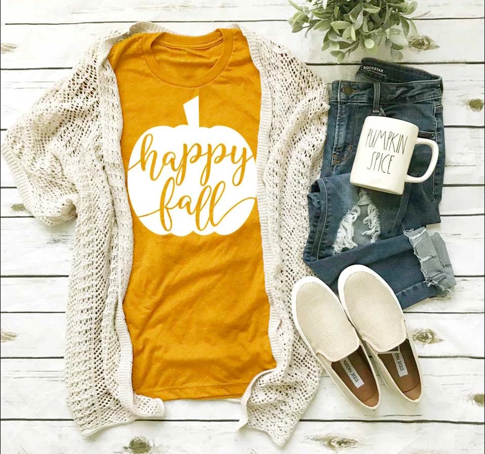 

Happy fall shirt T-shirt new season funny pumpkin graphic Good elasticity autumn yellow pretty cotton casual shirt tee top-K010