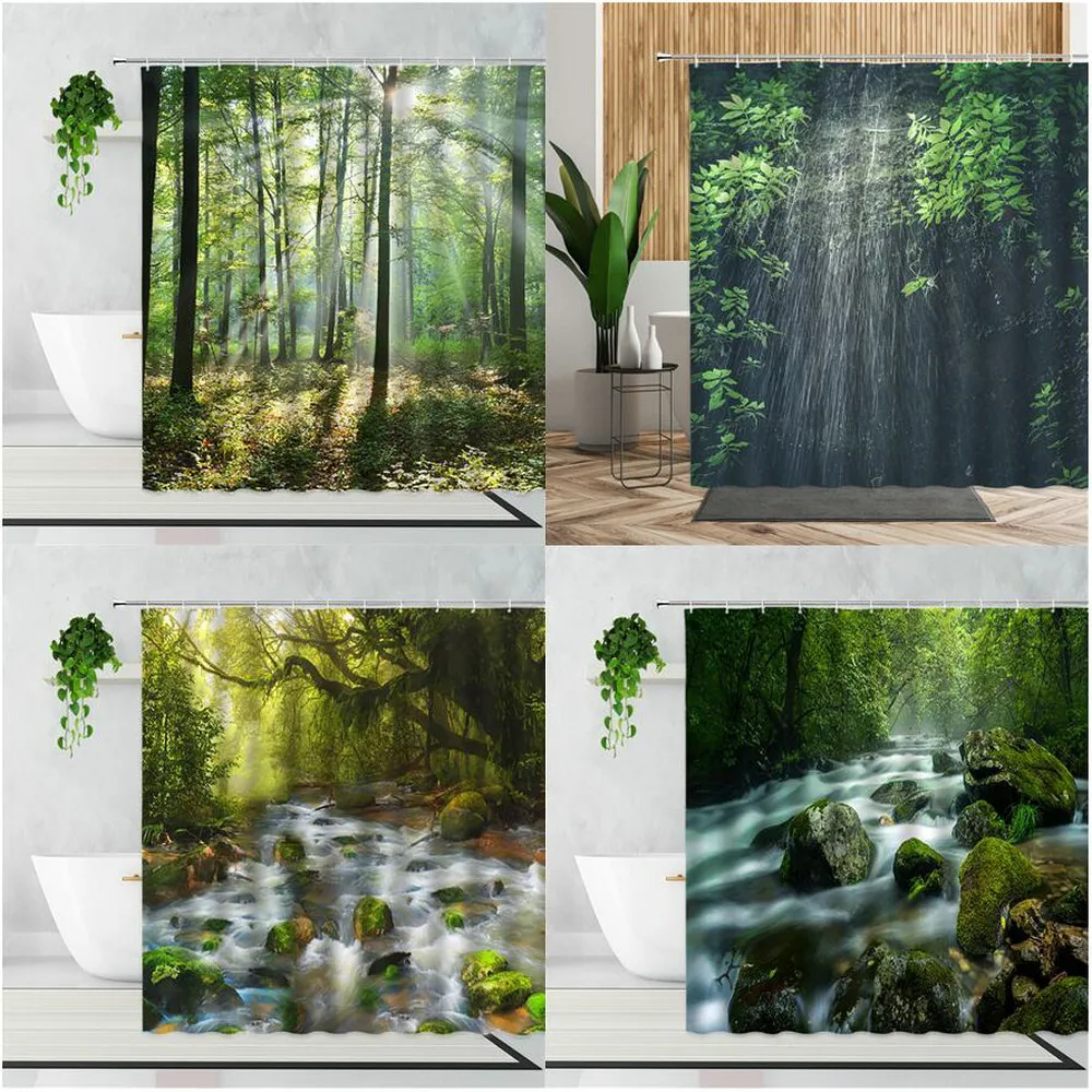 

3D занавеска для душа с тропическим лесным пейзажем, s зеленые растения, джунгли, декор для ванной комнаты, водонепроницаемая занавеска для в...