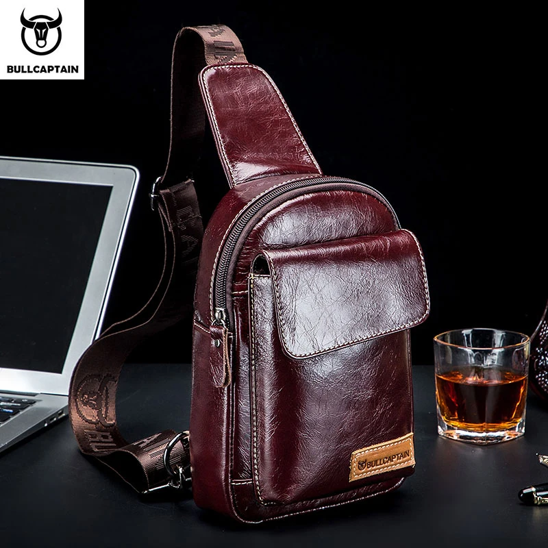 BULLCAPTAIN men's first layer cowhide chest bag leather casual messenger shoulder sports fashion personality men's chest bag