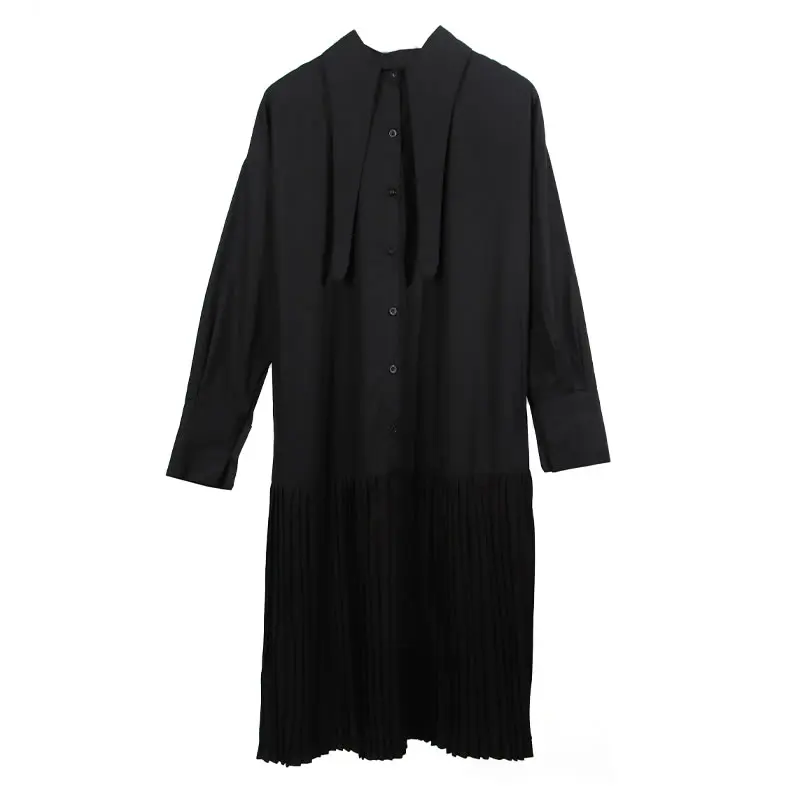 

XITAO Spring New Dress Fashion Personality Lengthen Turn-down Collar Splicing Pleated Hem Solid Color All-match Women ZY3831