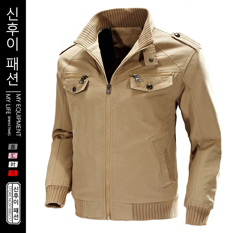 

Dropshipping Men's Military Style Pure Cotton Autumn Winter Jacket Mens Casual Coat With Zipper Pockets Khaki Male Jackets M-6XL