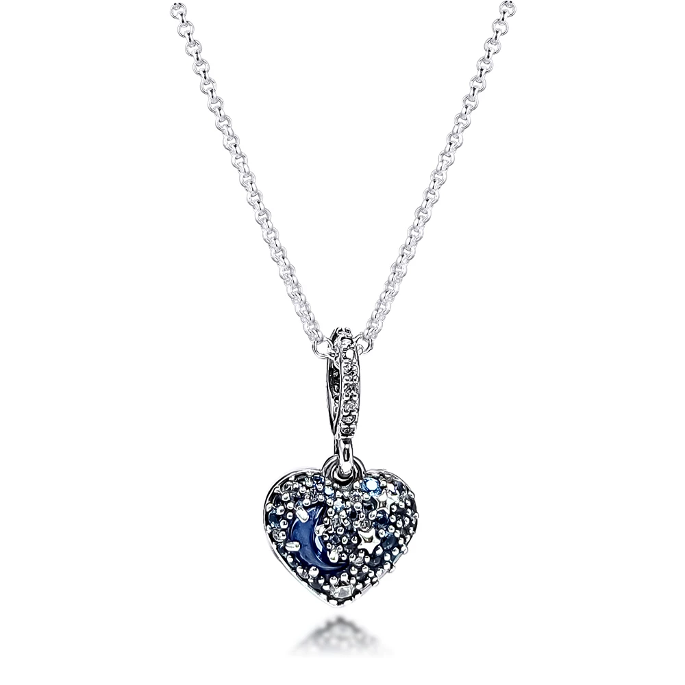 

2020 Winter Blue Moon & Stars Heart Necklace & Pendant Genuine 925 Sterling Silver Necklaces For Women Statement Jewelry Gift