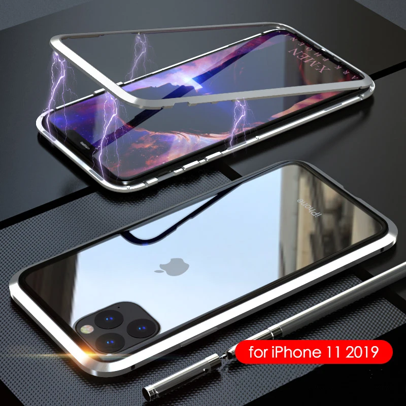 Серебристый Роскошная Магнитная Адсорбция задняя крышка для iPhone 11 закаленное стекло встроенный Магнит чехол для iPhone 11 металлический бампер чехол - Цвет: Серебристый