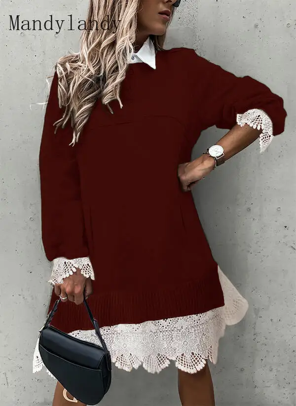 

Mandylandy Spring Autumn Long Sleeve Solid Color Stitching Lace Dress Women's Casual Loose Double-Layer Collar Knitted Dress
