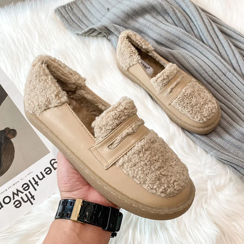 Boots Female Women Shoes Big Size 43 Winter Loafers with Fur Woman Flats Ladies Slip on Warm Comfy Sport Shoes Womens Fur Shoes