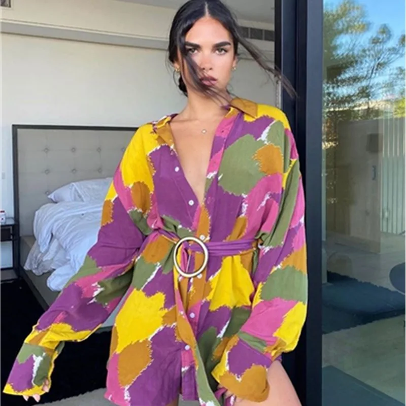 

Short Dress Sexy Fashion Women Autumn Causal Loose Sashes Print Long Sleeve Single Breasted Plus Size Mini Vestidos High Street