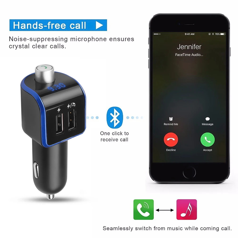 Bluetooth 5 0 3.1A Dual USB Зарядное устройство автомобильного комплекта громкой связи FM