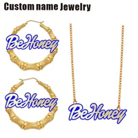 behoney custom name necklace personalized any name pendant jewelry birthday cursive letter acrylic hoop bamboo earring set