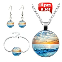 sunset beach art photo jewelry set cabochon glass pendant necklace earring bracelet totally 4 pcs for womens girl fashion gifts