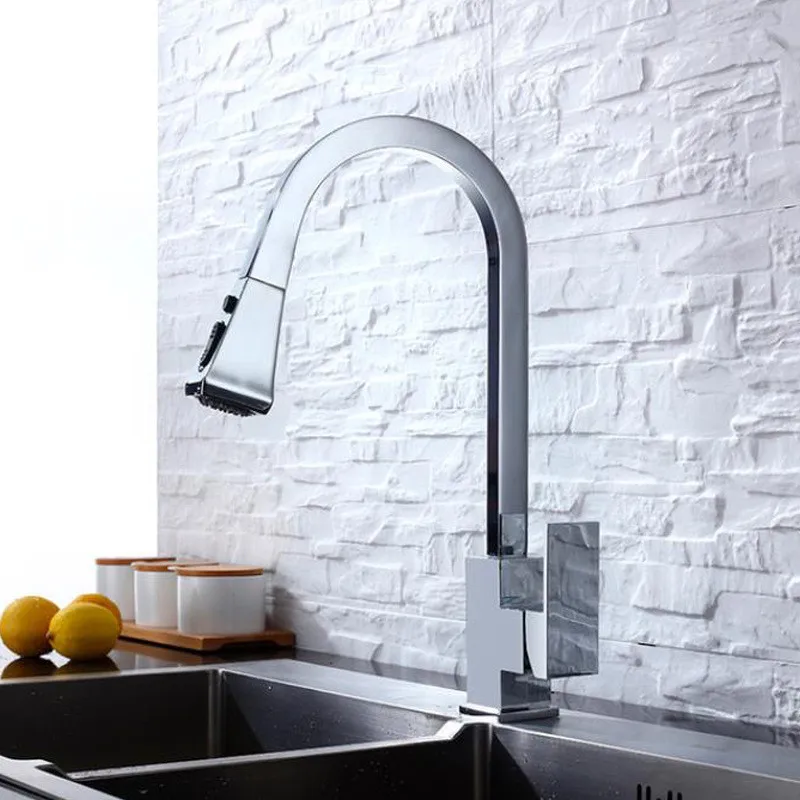 

Kitchen Faucet Chrome Pull Out Solid Brass Swivel Square Spray Sink Mixer Two Modle Water Tap Black Crane Deck Mounted