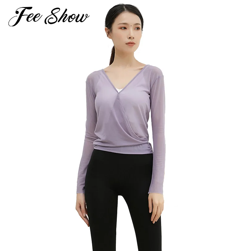 

Женские повседневные рубашки для йоги, топы для классических танцев и йоги, топ с V-образным вырезом и длинным рукавом, прозрачная сетчатая С...