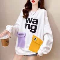 round neck sweatshirt womens letter printed sweater with pockets youth mid length hoodless pullover casual loose streetwear