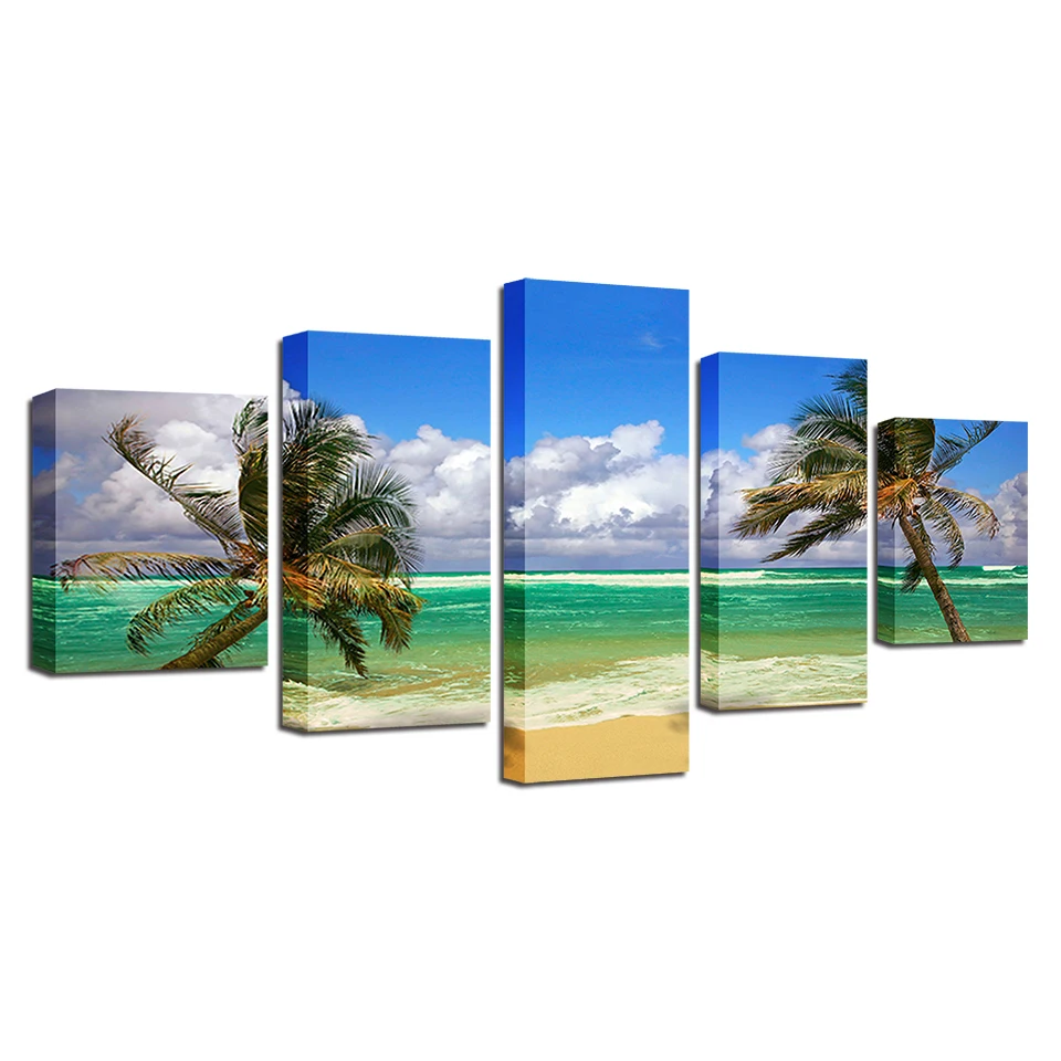 

Picture HD Prints Decor Room Wall Frame 5 Pieces Coconut Tree Blue Sky White Cloud Seascape Posters Modular Art Canvas Paintings