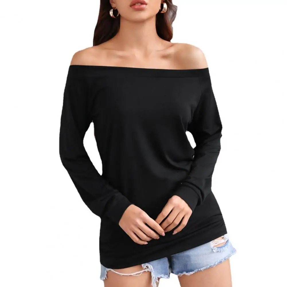 

Women T-shirt Solid Color Off Shoulder Autumn Long Sleeve Slash Neck Strapless Sexy Pullover Streetwear