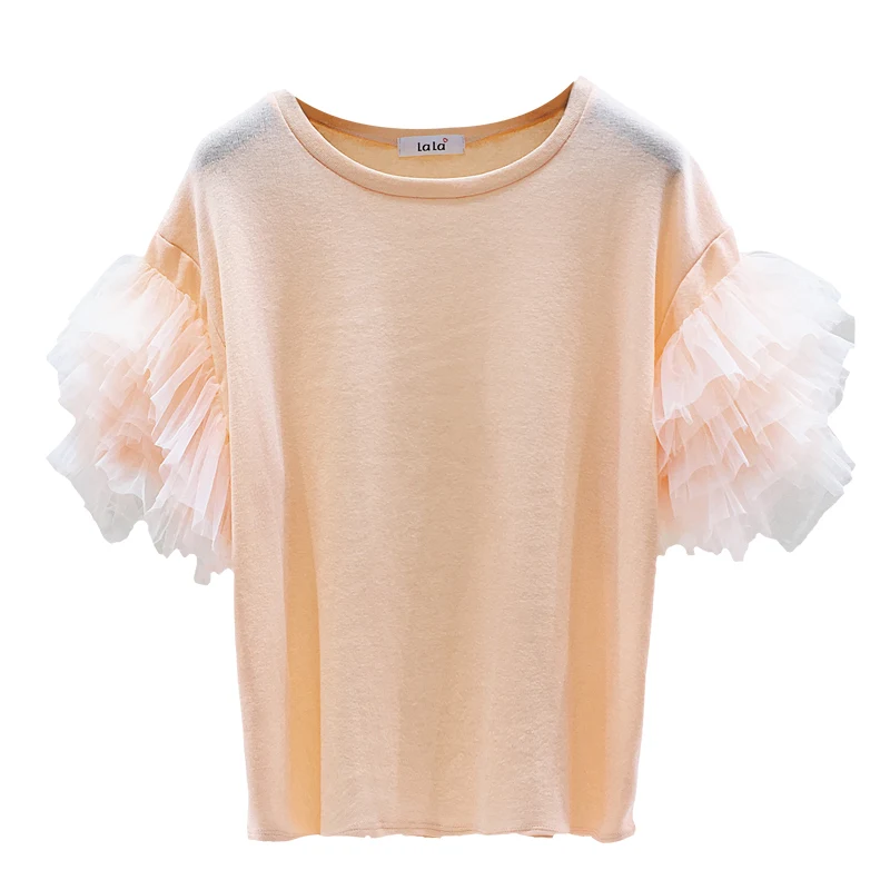 

2021 New Sweet Mesh Patchwork Loose Solid Fashion Short-sleeved O Neck Woman Tshirts