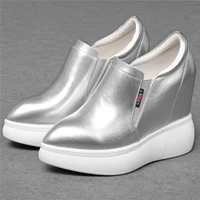 12cm high heel punk creepers women slip on genuine leather wedges ankle boots female pointed toe fashion sneakers casual shoes