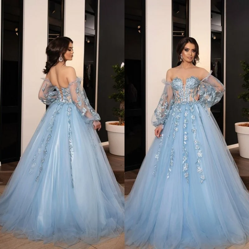 

light sky blue prom dresses off the shoulder sweetheart neckline Appliques long sleeve evening dresses arabic