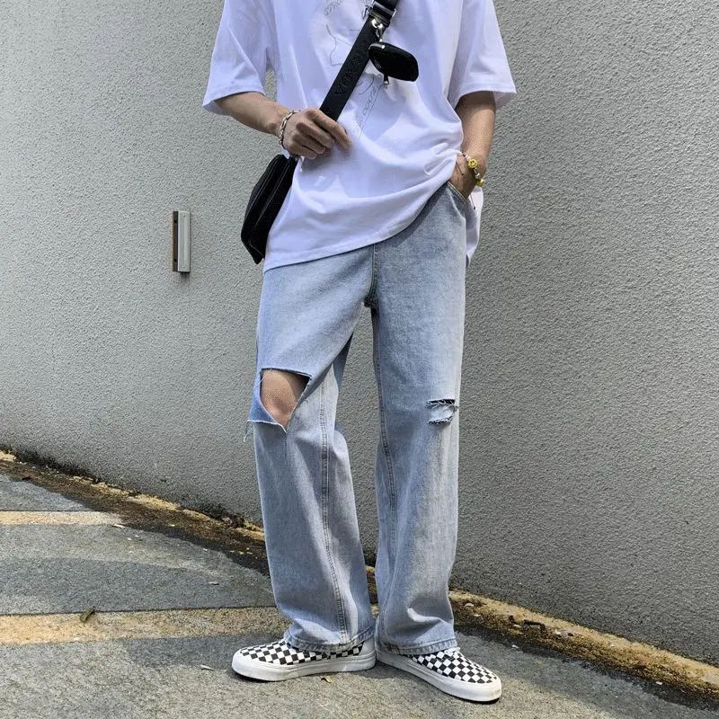 

Ripped Ripped Jeans Men's Fashion Retro Casual Wide-leg Jeans Men Streetwear Korean Loose Hip-hop Hole Denim Trousers Mens M-2XL