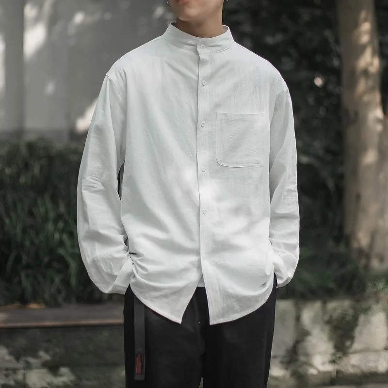 Man Casual Shirt Streetwear Solid Color Male Blouses Men Clothing Harajuku Men's Long Sleeve Shirts Fashion Korean Stand