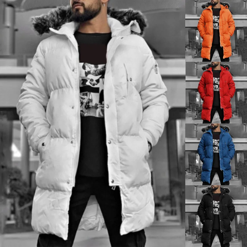 

2021 New Winter Men‘S Thick Parka Hooded Coat Cotton Fashion Cotton-padded Zipper Long Sleeve Color Jackets