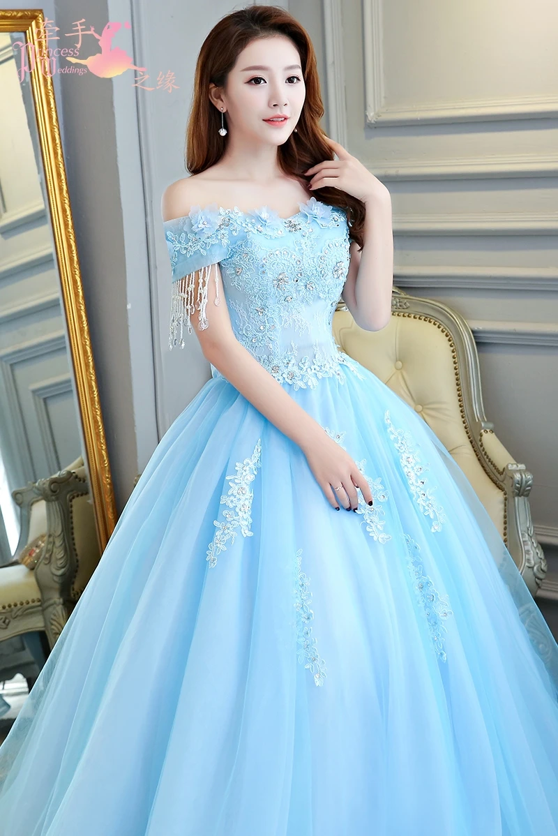 

Blue Quinceanera Dresses Ball Gown Applique Lace Crystal Prom 2019 Debutante Sweet 16 Dress Corset vestidos de 15 anos