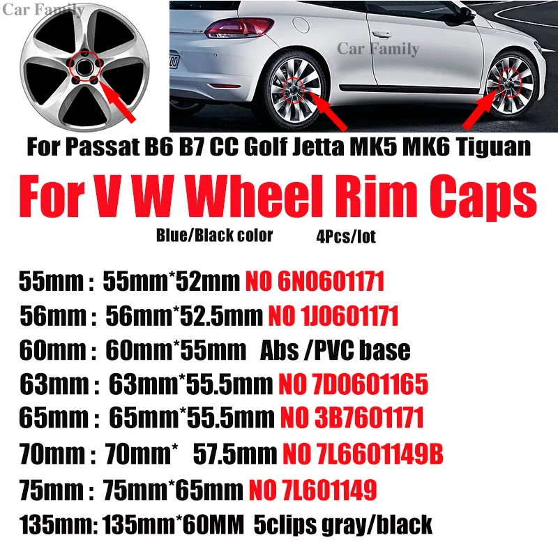 

Car Wheel Center Logo Cover Hub Emblem Cap For Passat B6 B7 CC Golf MK5 MK6 Tiguan 4PCS Auto Badge 55MM 60MM 63MM 65MM 70MM 76MM